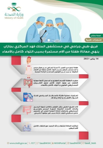 إنهاء معاناة طفلة مع التواء الأمعاء بمستشفى الملك فهد في جازان