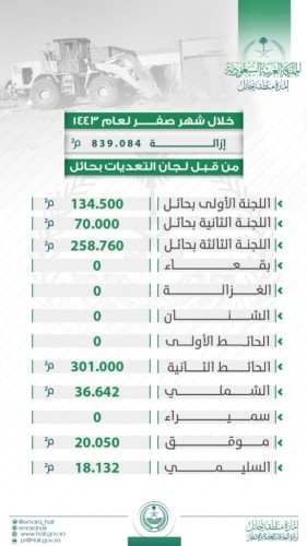 تعديات حائل تزيل أكثر من ٨٠٠ الف متر مربع خلال صفر