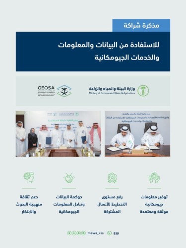 “البيئة” و” الجيومكانية” توقّعان مذكرة شراكة للاستفادة من البيانات والمعلومات الجيومكانية ورفع كفاءة الإنفاق الحكومي