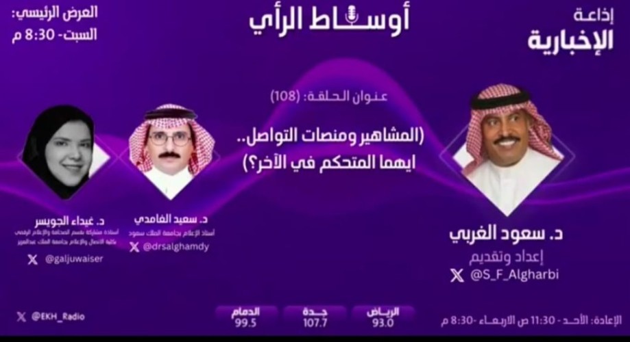 “المشاهير ومنصات التواصل الاجتماعي أيهما المتحكم بالأخر؟.. أعضاء هيئة التدريس يتناقشون في برنامج أوساط الرأي